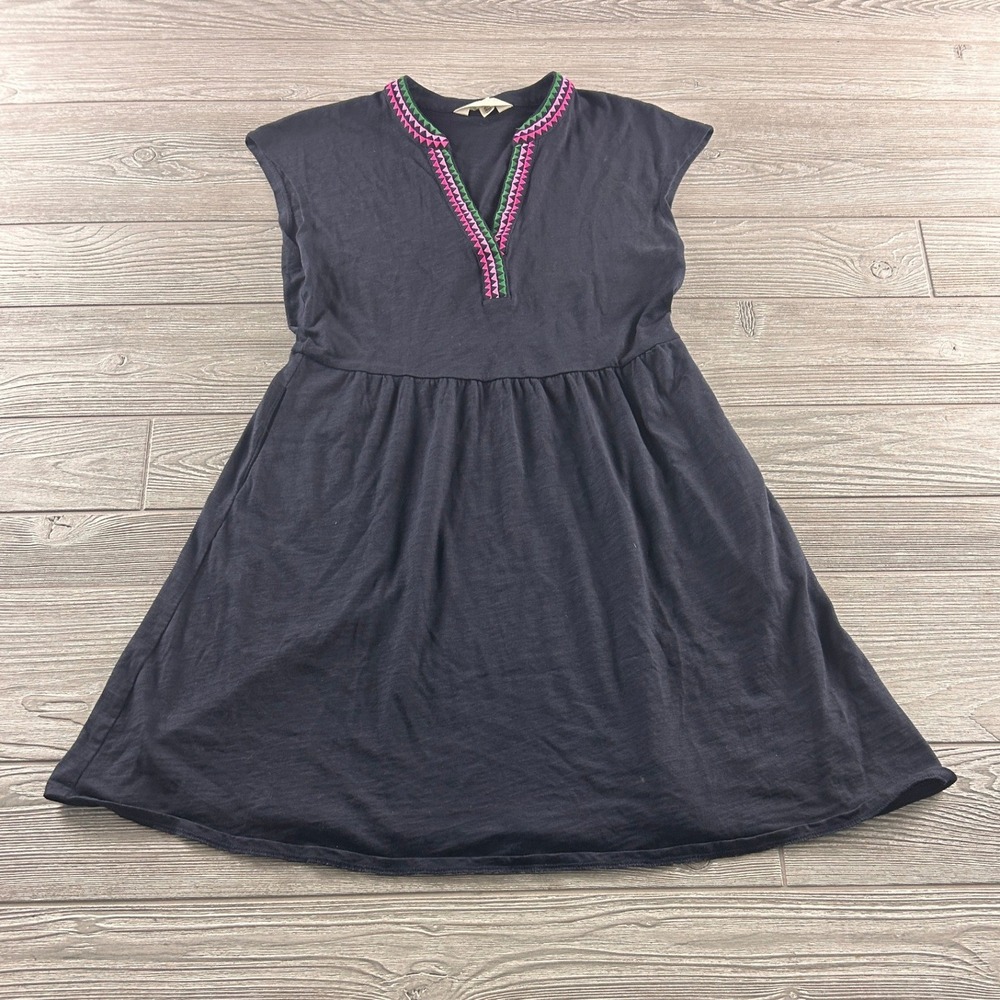 Boden Navy Blue Embroidered V-Neck Jersey Dress Pockets US 4 R D1152